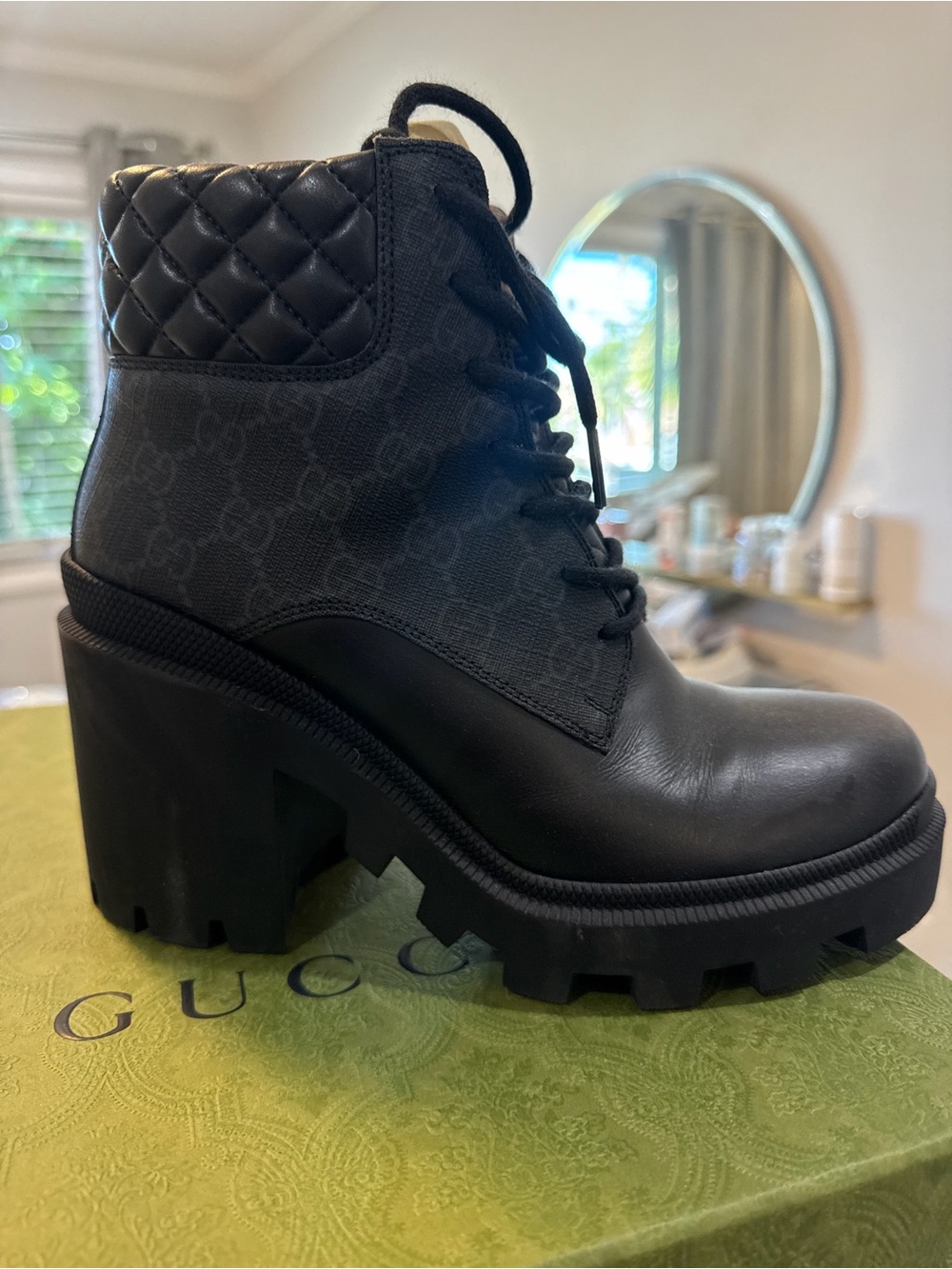 AUTHENTIC Gucci Black Quilted Leather Platform Lace-Up Boot